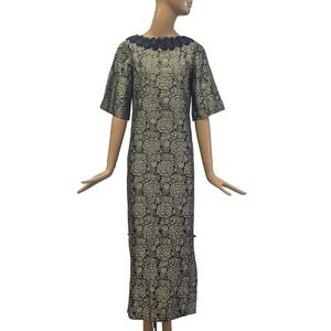 Vintage 60s Kamehameha Hawaii Sequin Brocade Maxi Dress Black Gold Tiki Kaftan